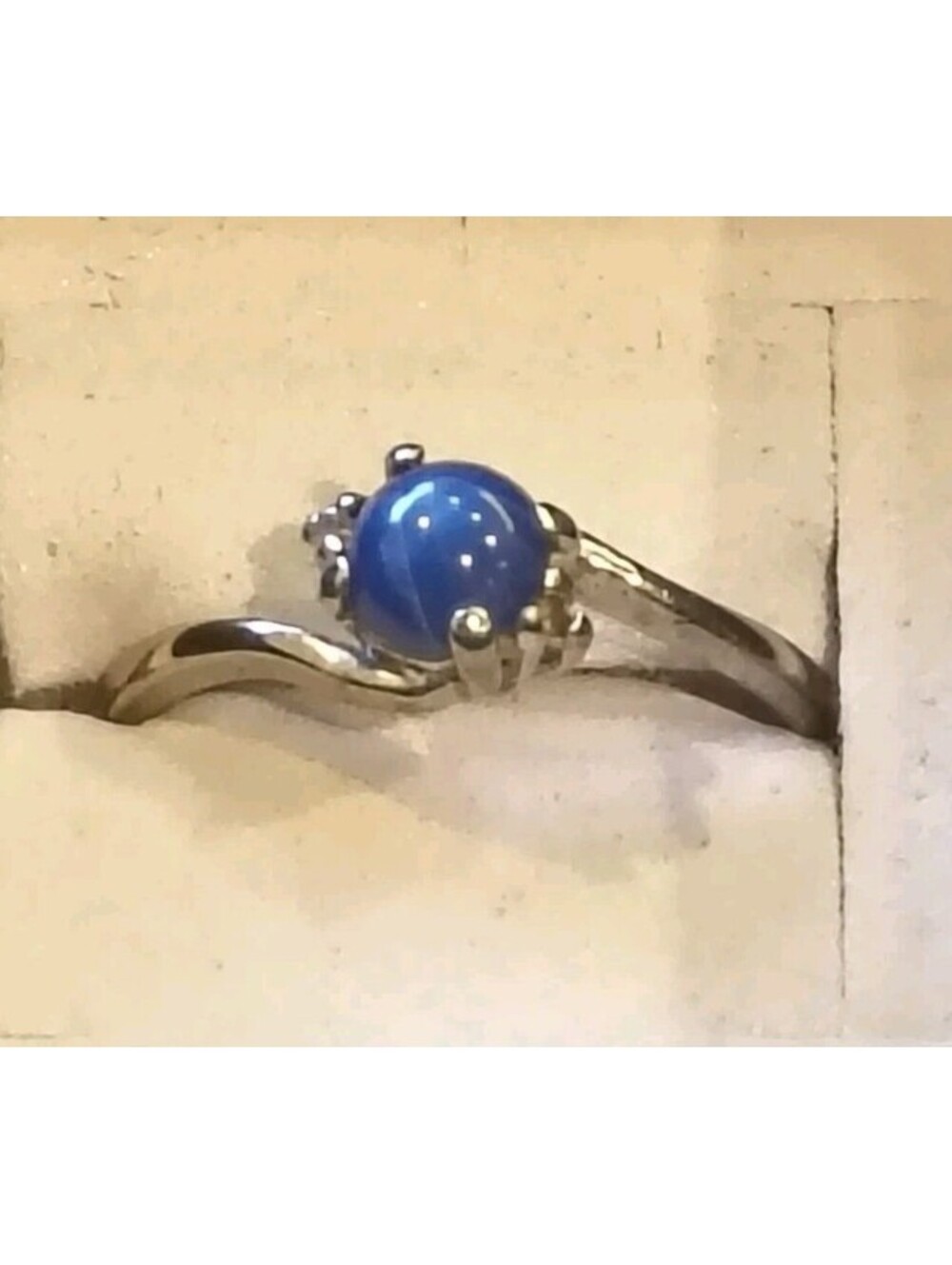 10k Solid White Gold Blue Star Round Star Sapphire Diamond Accent Ring Size 6
